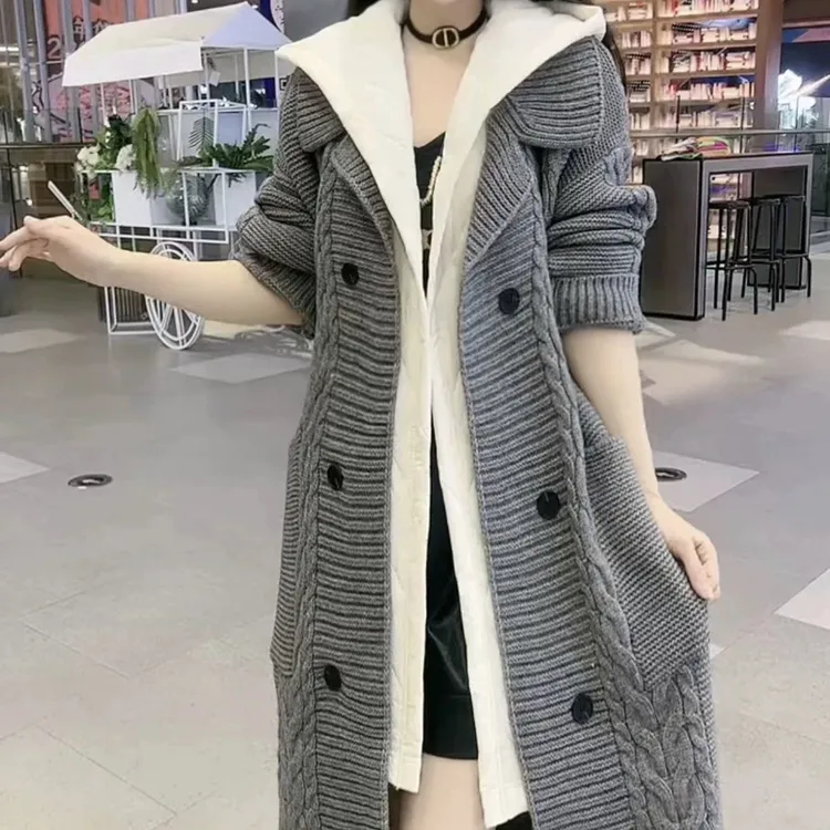 中长连帽毛衣外套撞色拼接帽可拆卸针织开衫秋冬新款棉服时尚外套