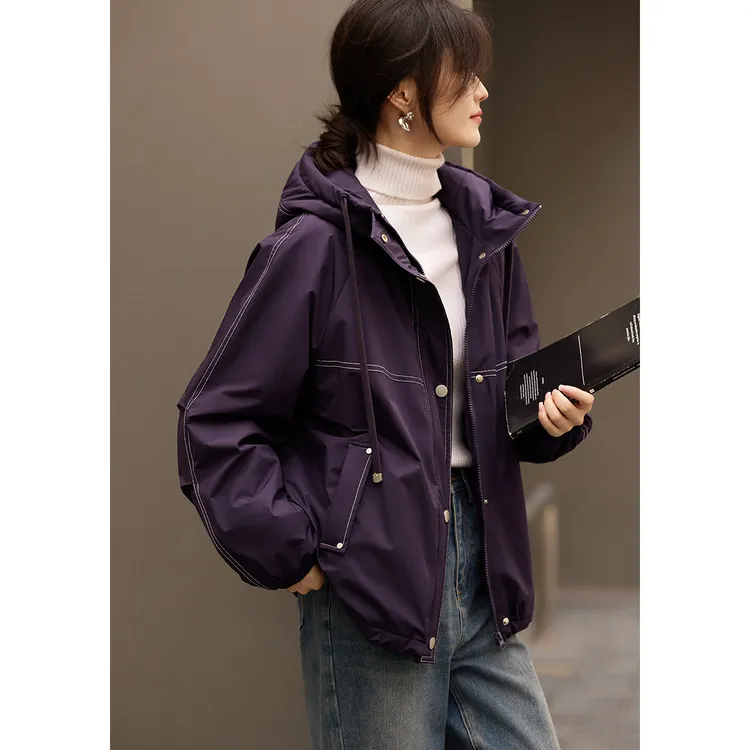 XWI/欣未休闲撞色线设计夹克式棉服外套2025年冬新款插肩抽绳7014