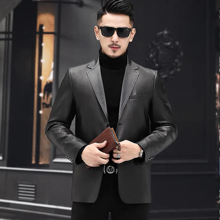 海宁真皮皮衣男绵羊皮西装领皮夹克外套韩版商务休闲帅气男装皮衣