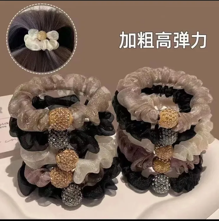 气质时尚韩版水钻头绳女扎头花发绳橡皮筋网纱高级感高弹力发圈