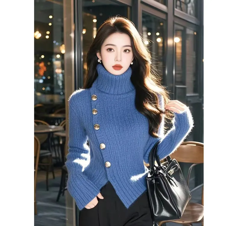 2024年冬季爆款洋气小众设计感打底衫上衣加厚小香风蓝色高领毛衣