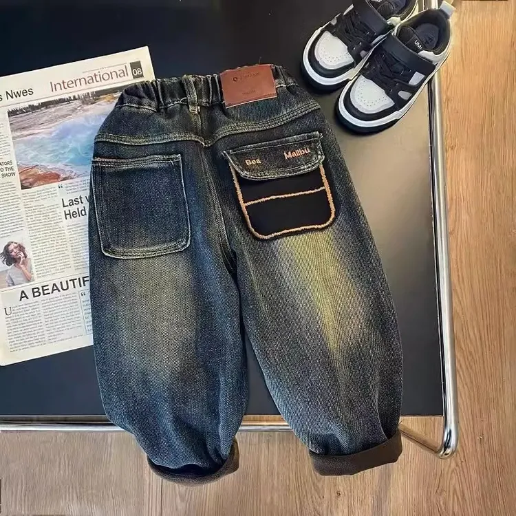 男童加绒牛仔裤秋冬款2025新款宝宝冬装儿童一体绒加厚时尚牛仔裤