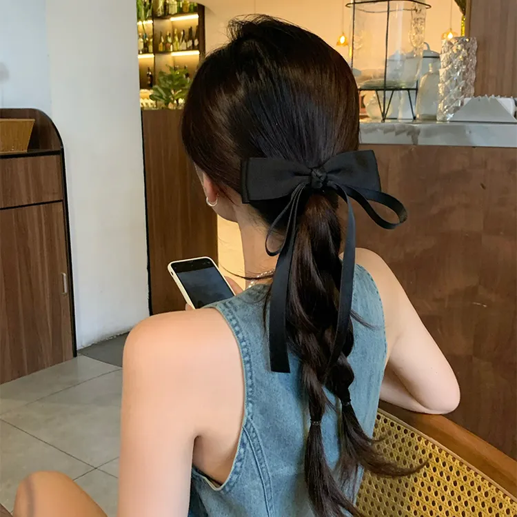高级感立体黑色蝴蝶结飘带发夹女后脑勺弹簧夹优雅气质半扎发头饰
