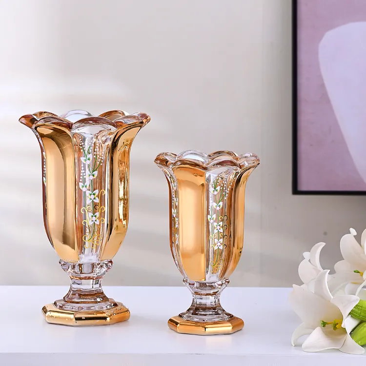 玻璃花瓶高脚金色炫彩风灯工艺品装饰 手工彩色描金欧式琥珀色