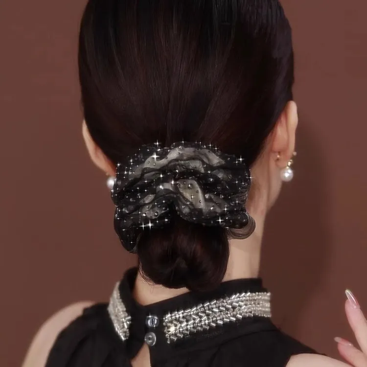 2025新品法式温柔气质发圈头绳女超闪镶钻印花薄纱发圈大号大肠圈