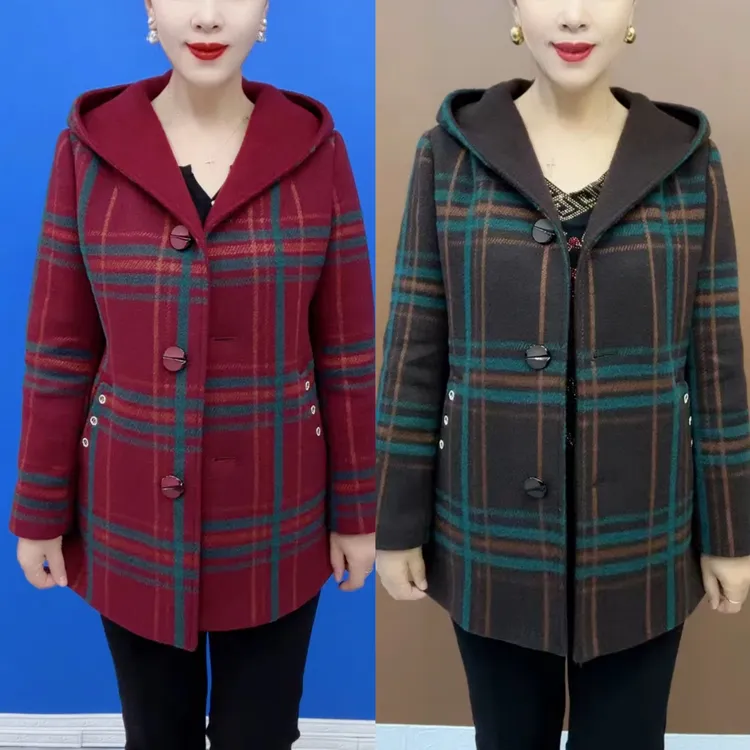 中老年连帽格子外套宽松中长款中老年妈妈上衣（衣长70左右）C