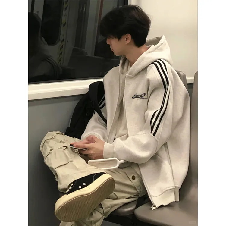 labzaa街头简约字母印花开衫连帽卫衣男秋冬三条杠白灰色情侣外套