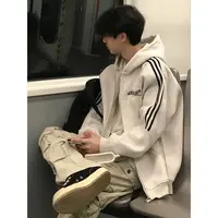 labzaa街头简约字母印花开衫连帽卫衣男秋冬三条杠白灰色情侣外套
