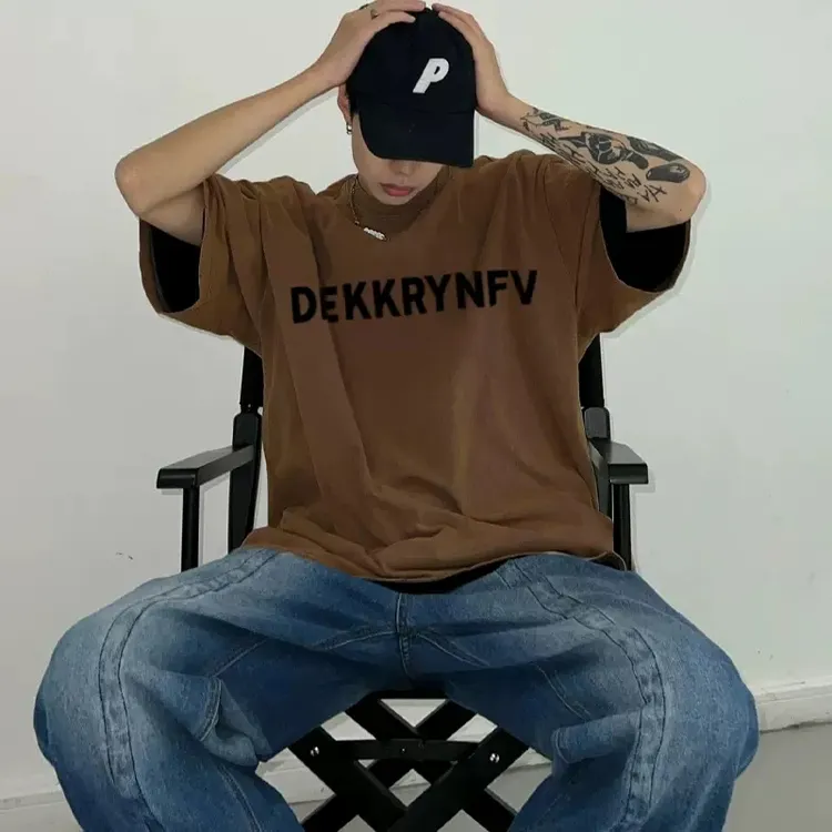 labzaa高街简约字母印花宽松上衣男hiphop美式复古重磅棉短袖T恤