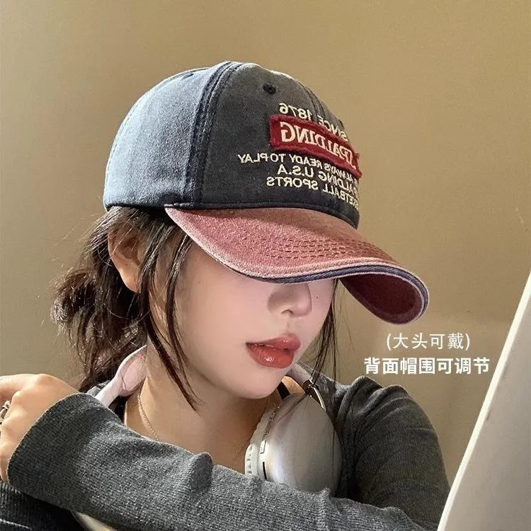 美式复古撞色软顶棒球帽女水洗牛仔鸭舌帽大头围显脸小宽帽檐帽子