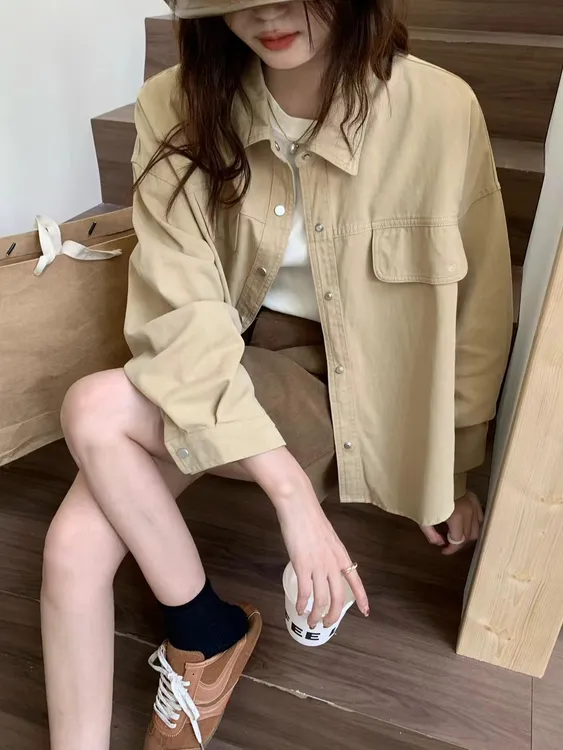 秋冬新款韩版磨毛宽松版休闲款衬衫百搭女士短款衬衫厚款外套女