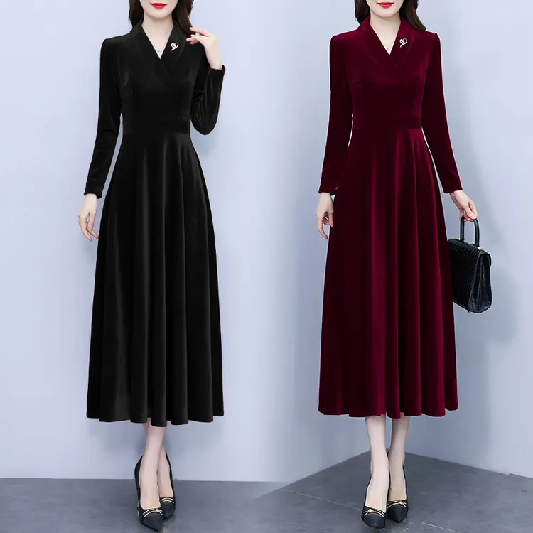 长袖金丝绒连衣裙女2025秋季高端名媛酒红色喜婆婆礼服显瘦长裙子