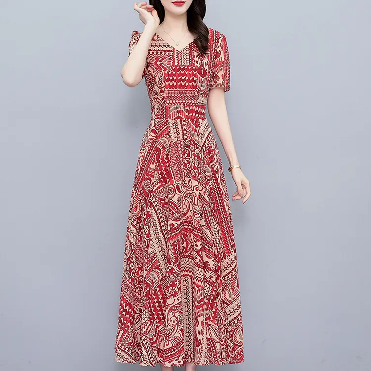 品牌中年妈妈夏季新款连衣裙女夏装洋气高贵大码女装气质雪纺裙子