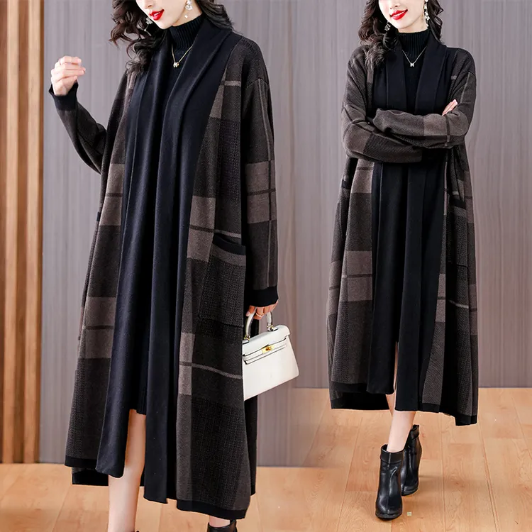 复古大气长款风衣女2023秋冬新宽松禅意格纹针织长外套厚