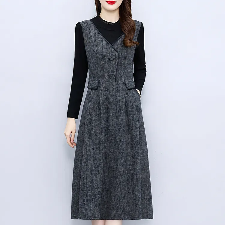 假两件加厚打底配大衣连衣裙子女秋冬新款中长遮肚洋气时尚