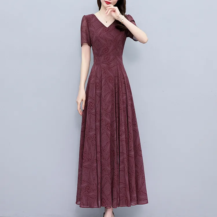 中年红色妈妈雪纺连衣裙2025新款夏季女装大码胖mm遮肚子显瘦裙子