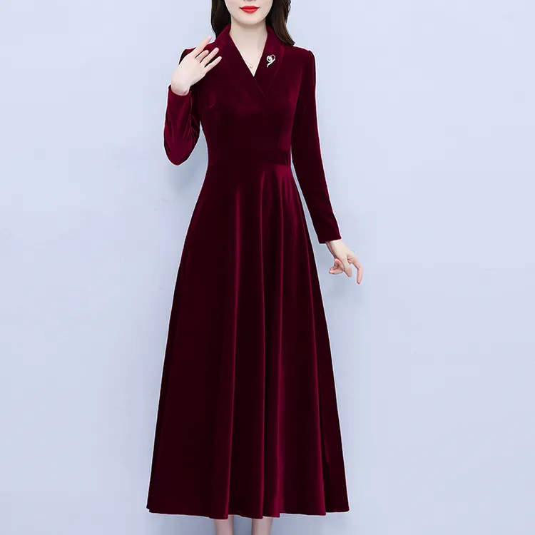 高端名媛酒红色长裙2025春秋喜婆婆礼服气质显瘦长袖连衣裙女