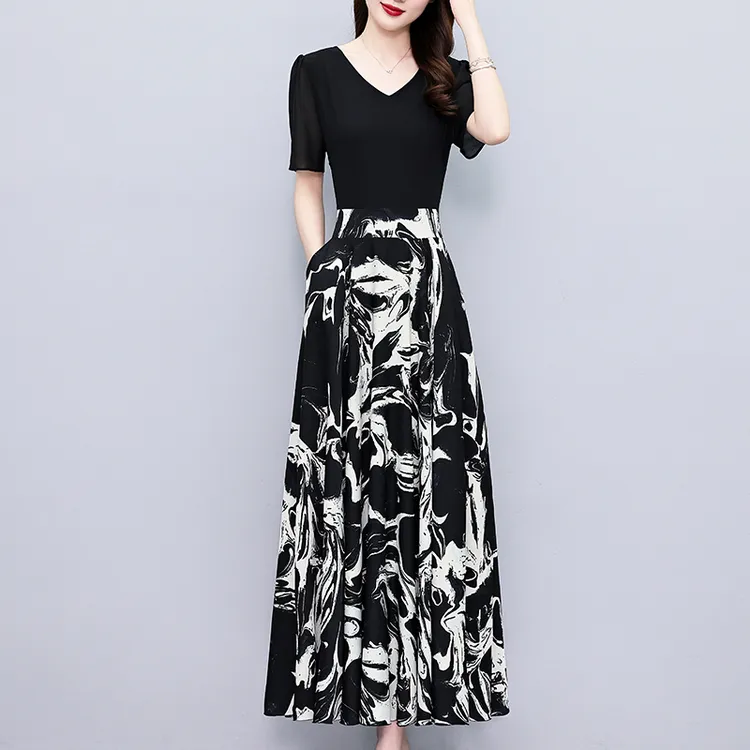 2025夏季新款高档印花雪纺连衣裙长款大码胖mm收腰显瘦遮肚子长裙