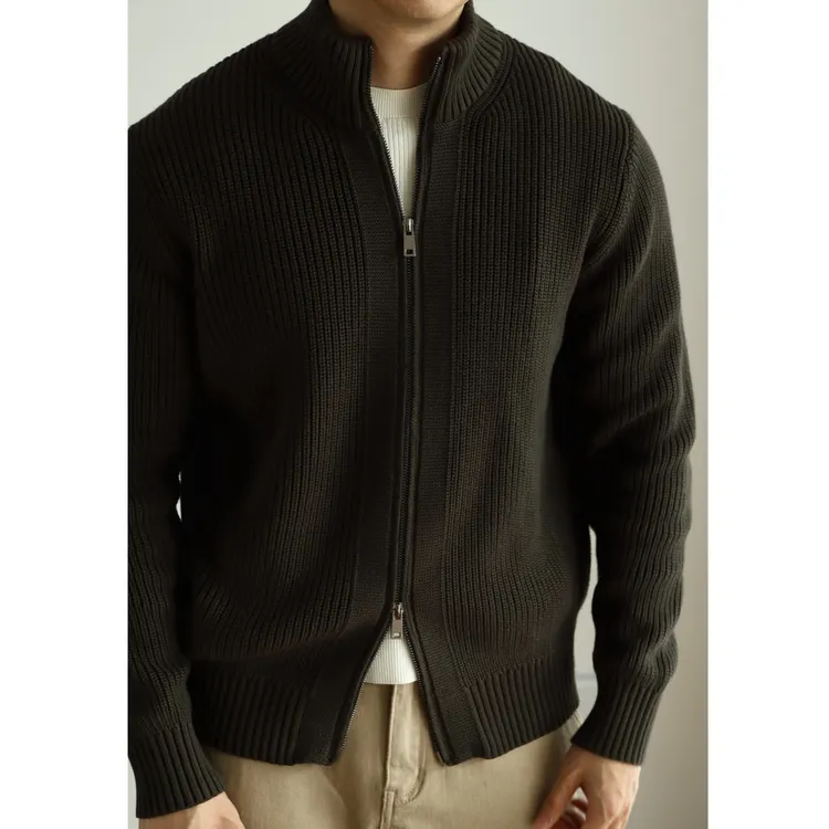 8DU男装|100%棉重磅轻奢舒适双拉链立领外套针织纯色毛衣加厚秋冬