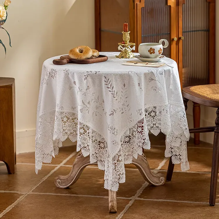 氛围感桌布白色2024新款棉麻布艺法式复古风蕾丝茶几餐桌圆桌桌布
