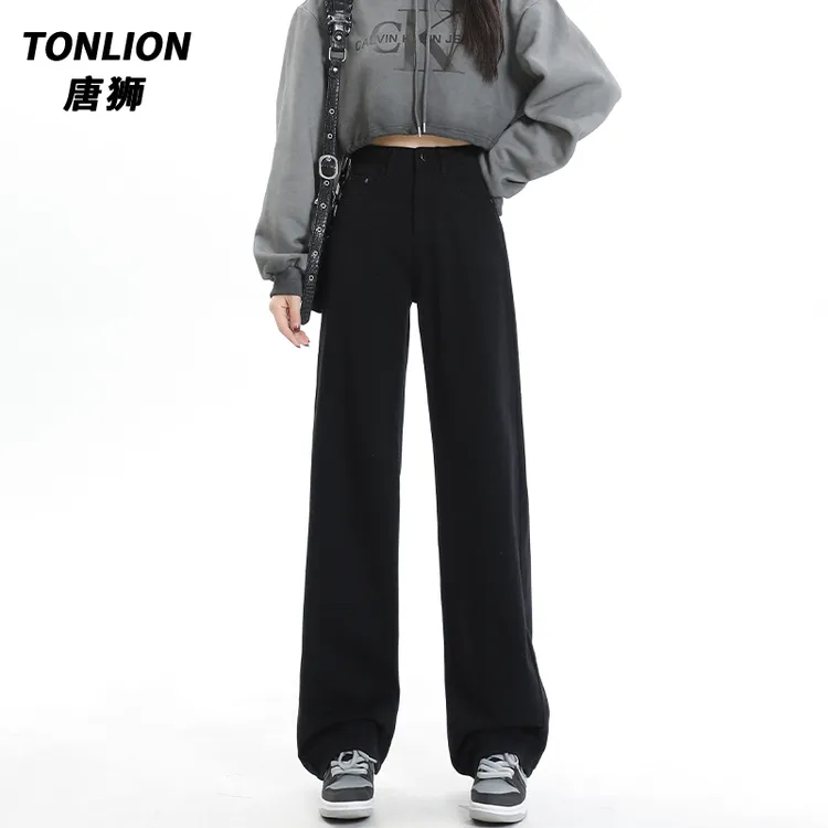 tonlion/唐狮黑色拖地牛仔裤女小个子新款宽松阔腿休闲垂感直筒裤
