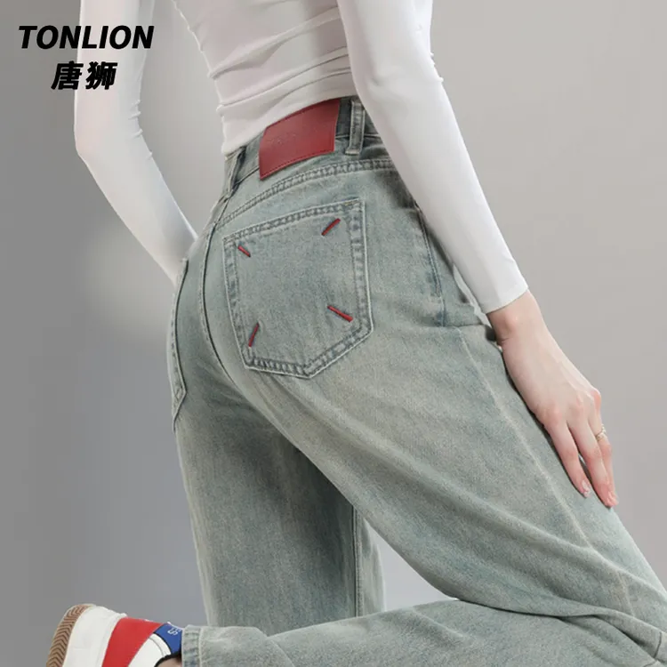 tonlion/唐狮撞色刺绣高腰牛仔裤女2025新款百搭窄版无弹直筒裤子