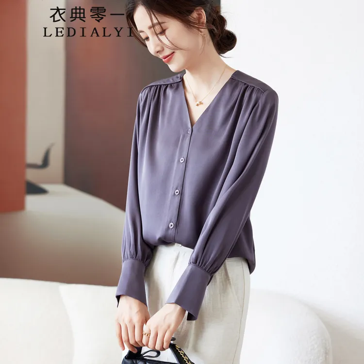 高级感洋气V领真丝衬衫品质女装2025春秋新款桑蚕丝衬衣长袖上衣