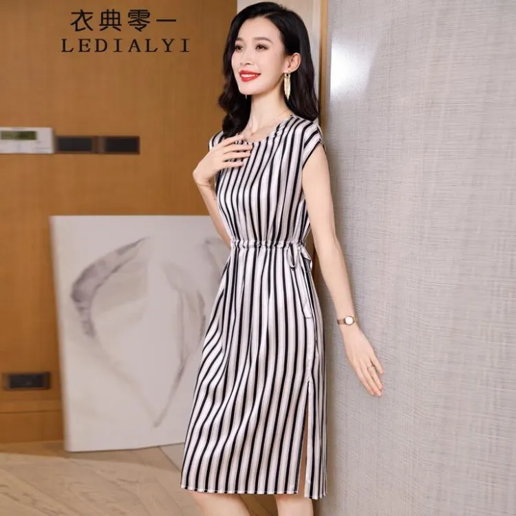 条纹重磅真丝连衣裙夏季女装高贵洋气质中年小个子桑蚕丝收腰裙子