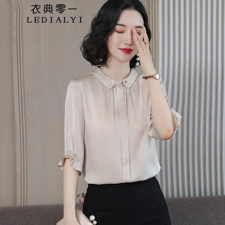 轻奢小众品质通勤短袖真丝衬衫女2025夏季女装新款桑蚕丝衬衣上衣