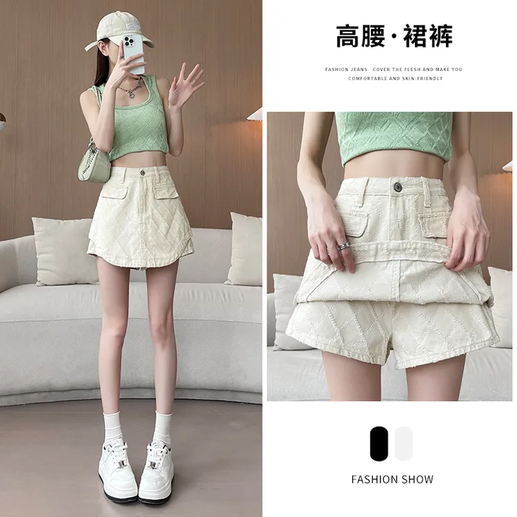 2296#新款夏季米白高腰牛仔短裤裙