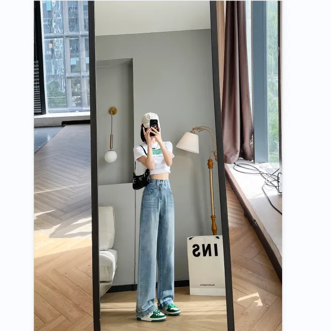 2156#浅色新款宽松直筒拖地裤高腰显瘦牛仔裤