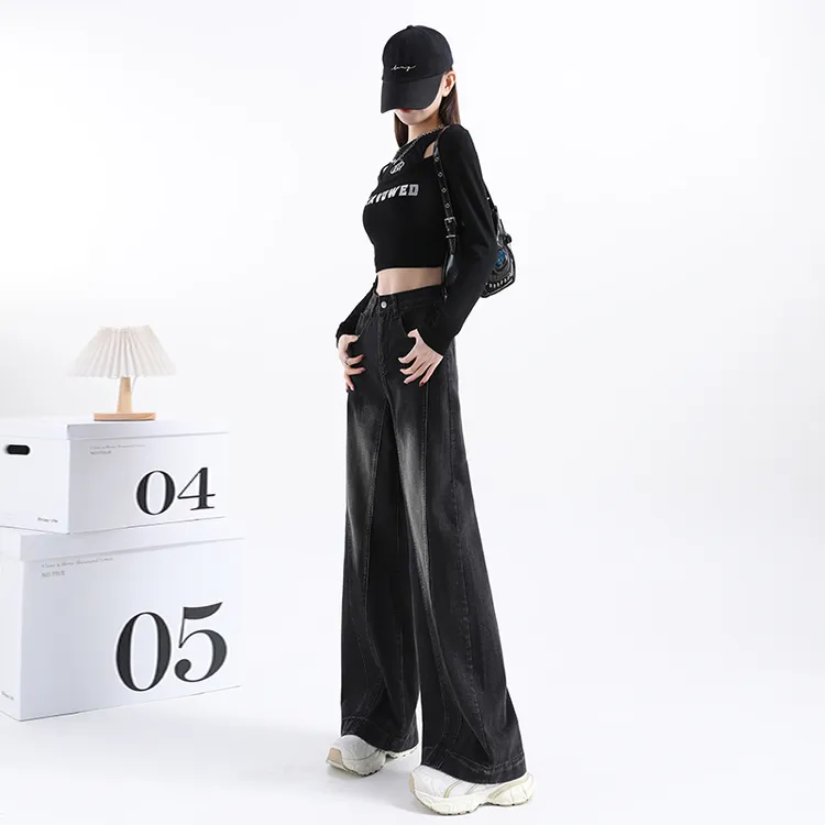 女阔腿裤高腰高腰收腰阔腿牛仔裤牛仔裤秋装直筒秋季宽松黑色