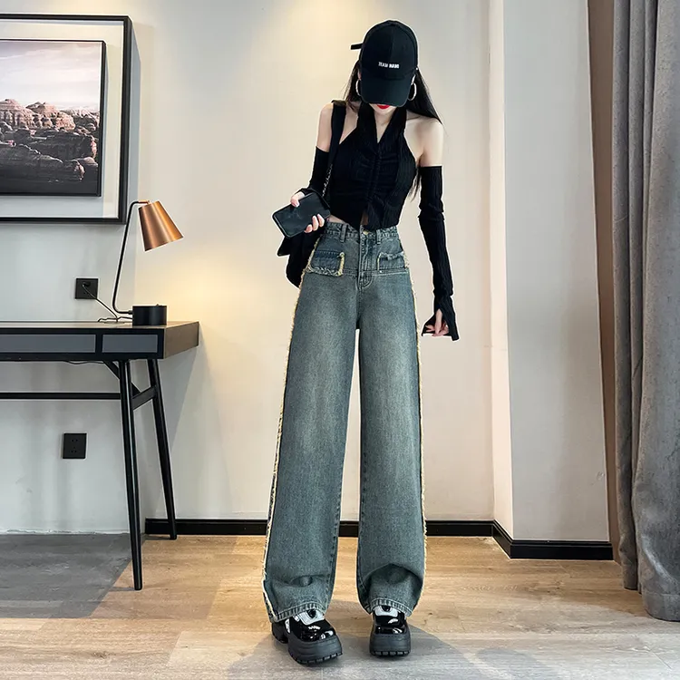 2091#时尚潮流舒适高腰藏肉显瘦显腿长毛边阔腿裤牛仔裤