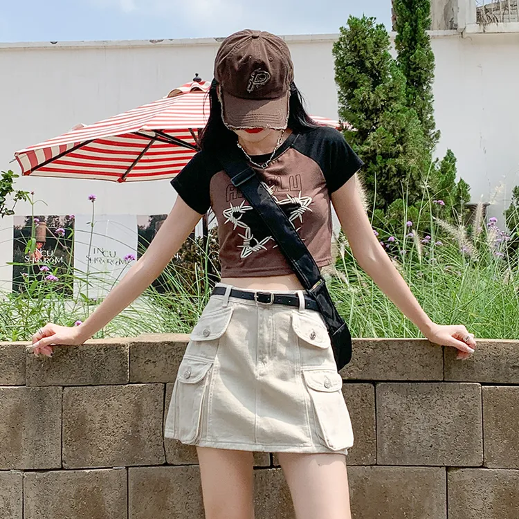 2153#潮流高腰气质复古工装短裙A字裙舒适百搭显高女高棉牛仔裙