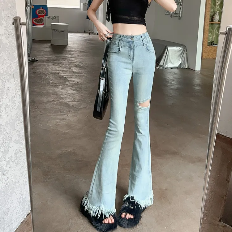 2268A#新款个性破洞微喇牛仔裤女修身显瘦显高港风裤子