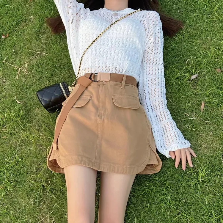 早秋简约休闲百搭宽松显瘦镂空针织衫+高腰百搭半身裤裙小短裙