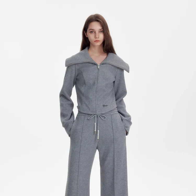 Three Quarters 24AW醋酸羊毛混纺大翻领卫衣时尚收腰秋季外套女