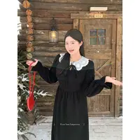  知葵微胖定制【格兰德】韩系刺绣翻领花边丝绒小黑裙12234L1063
