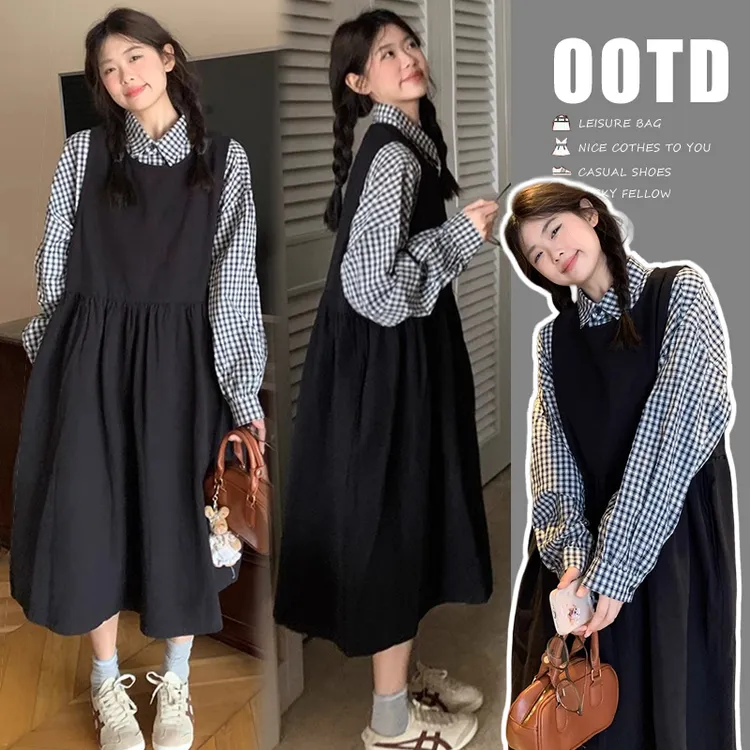 2024新款设计感系带不规则时尚韩版格子减龄衬衫+百搭背心裙套装