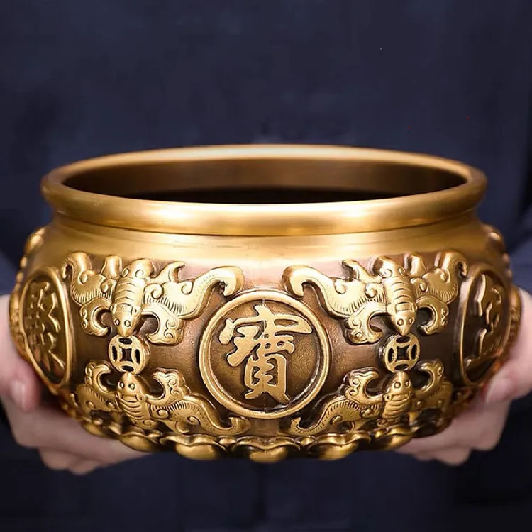 弄玫特大号复古黄铜八福聚宝盆手工工艺品高档居家铜玄关手工玄关