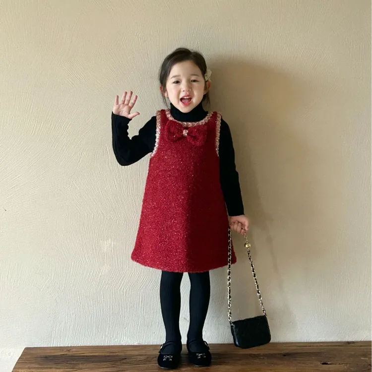 2024冬季小香风法式女童复古新年红镶珠蝴蝶结背心裙夹棉裙子气质