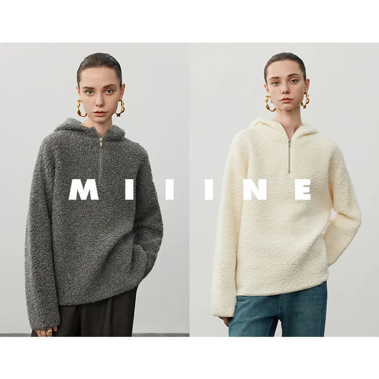 Miiine慵懒风全羊毛针织衫 秋冬宽松连帽半拉链毛衣羊羔毛外套