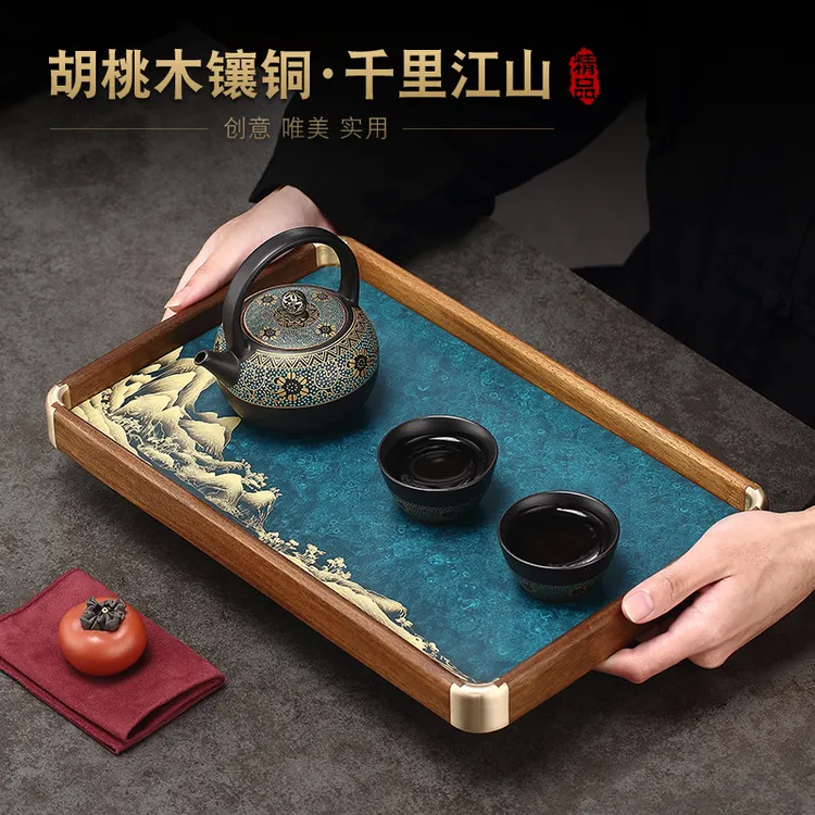 乾简胡桃木镶铜干泡盘轻奢实木制茶托复古长方形茶奉茶杯收纳盘