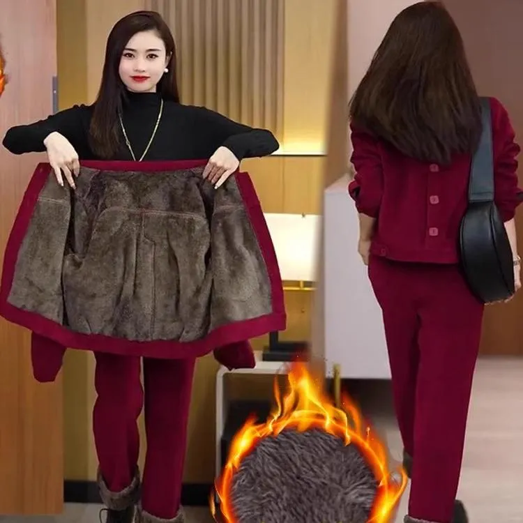 冬季加绒加厚套装女2025新款时尚洋气质宽松显瘦小个子休闲两件套