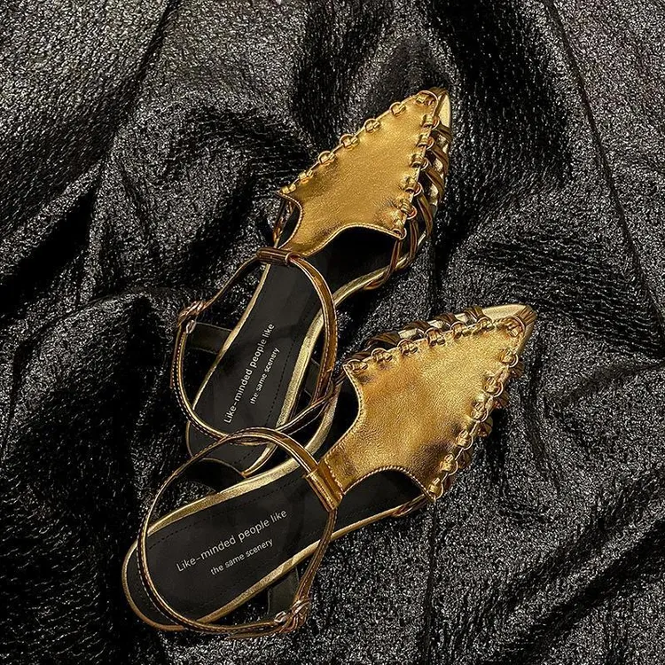 UHCK小众设计师款镂空T字带凉鞋女2025年夏季法式气质尖头平底鞋