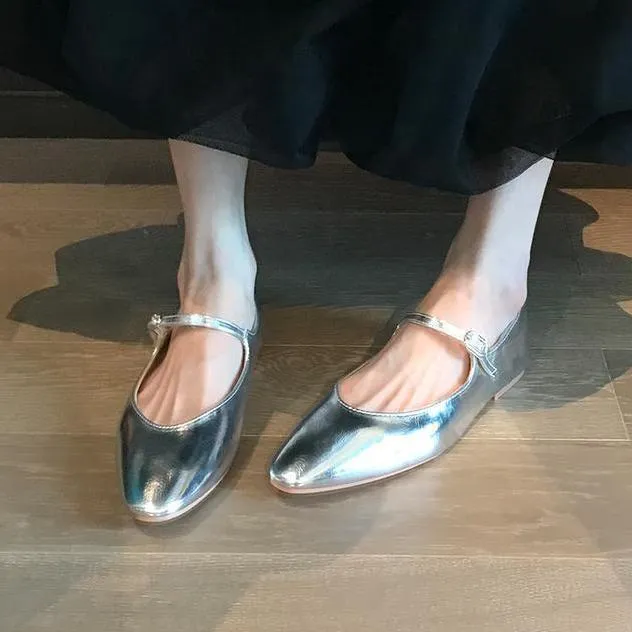 CK2024新款法式小众银色玛丽珍鞋女韩版仙女风浅口一字扣带夏季平