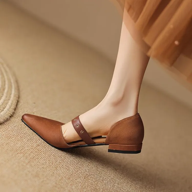 UHCK法式尖头平底中空单鞋女春夏季凉鞋复古包头一字带玛丽珍女鞋