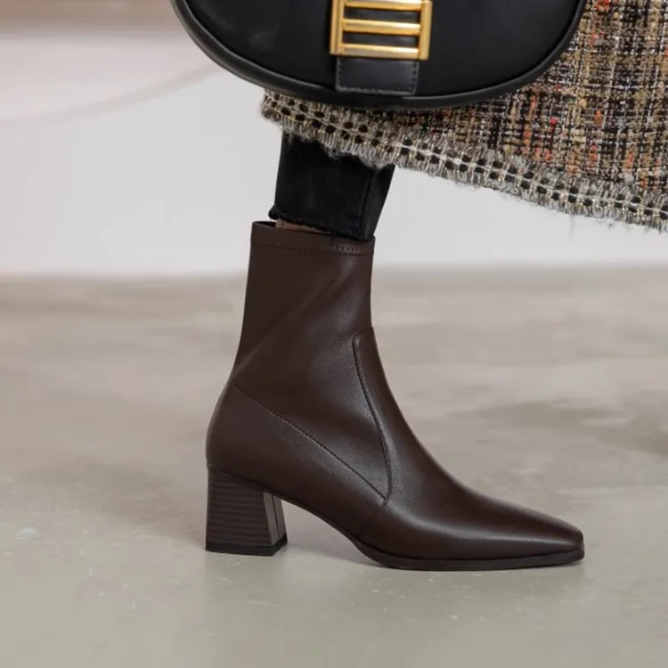 UHCK2024秋冬法式小短靴及踝靴女加绒方头弹力瘦瘦靴粗跟高跟马丁