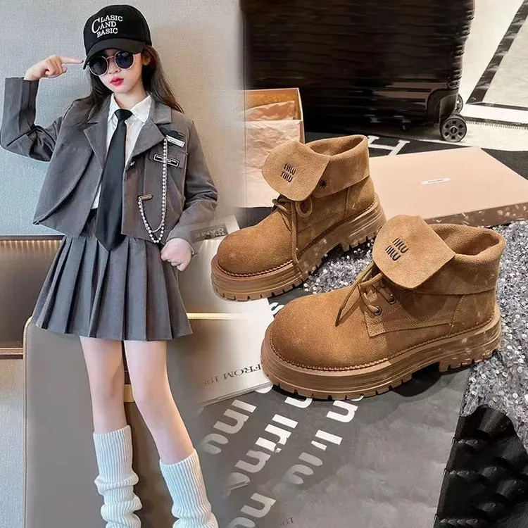 磨砂皮马丁靴2024新款字母翻领机车靴时尚大黄靴百搭两穿松糕童鞋