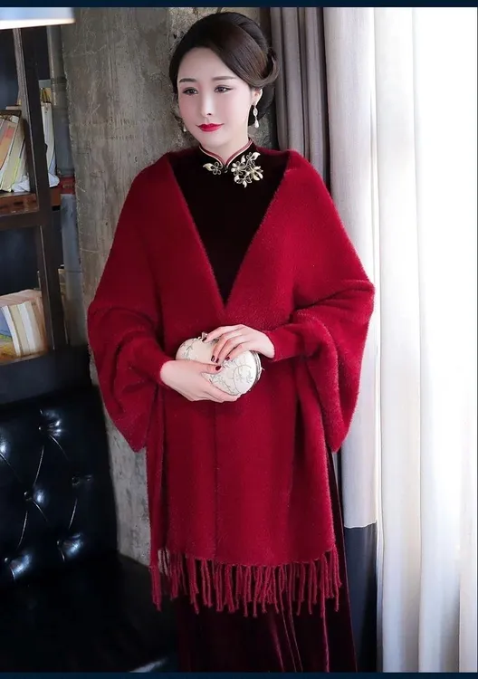 水貂绒旗袍披肩外搭百搭披风婚宴贵妇结婚高贵披肩外搭喜婆婆妈妈